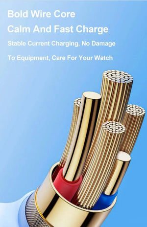 Magnetic Wireless Smartwatch Charging Cable - the internal structure of the gold-coloured wire core with red and blue insulated strands.
