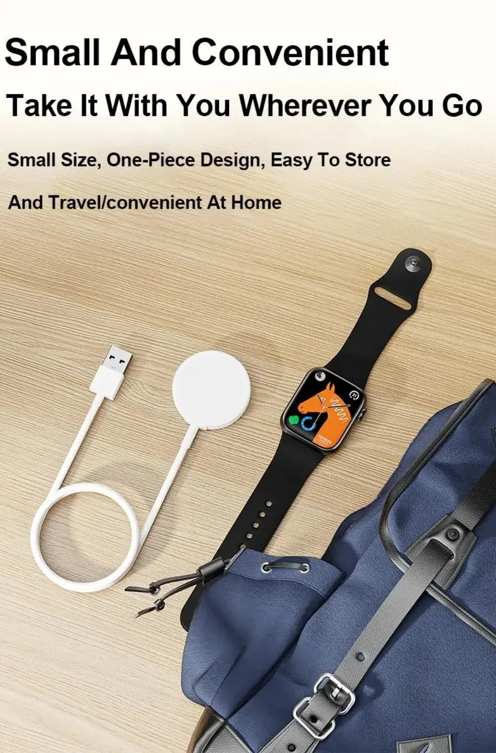 Magnetic Wireless Smartwatch Charging Cable - shown with a white USB-A connector and magnetic charging disc next to a black smartwatch and a blue bag.