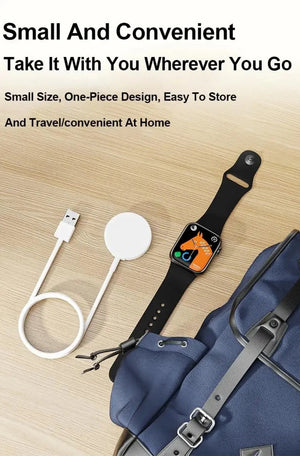 Magnetic Wireless Smartwatch Charging Cable - shown with a white USB-A connector and magnetic charging disc next to a black smartwatch and a blue bag.