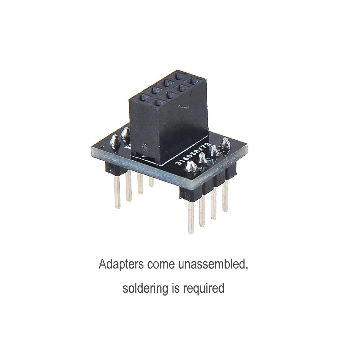 Makerfocus Adapter For NRF24L01+ Transceiver Module And ESP8266 ESP-01 WiFi Module - a black circuit board with a female header on top and male pin headers on the bottom, shown assembled.