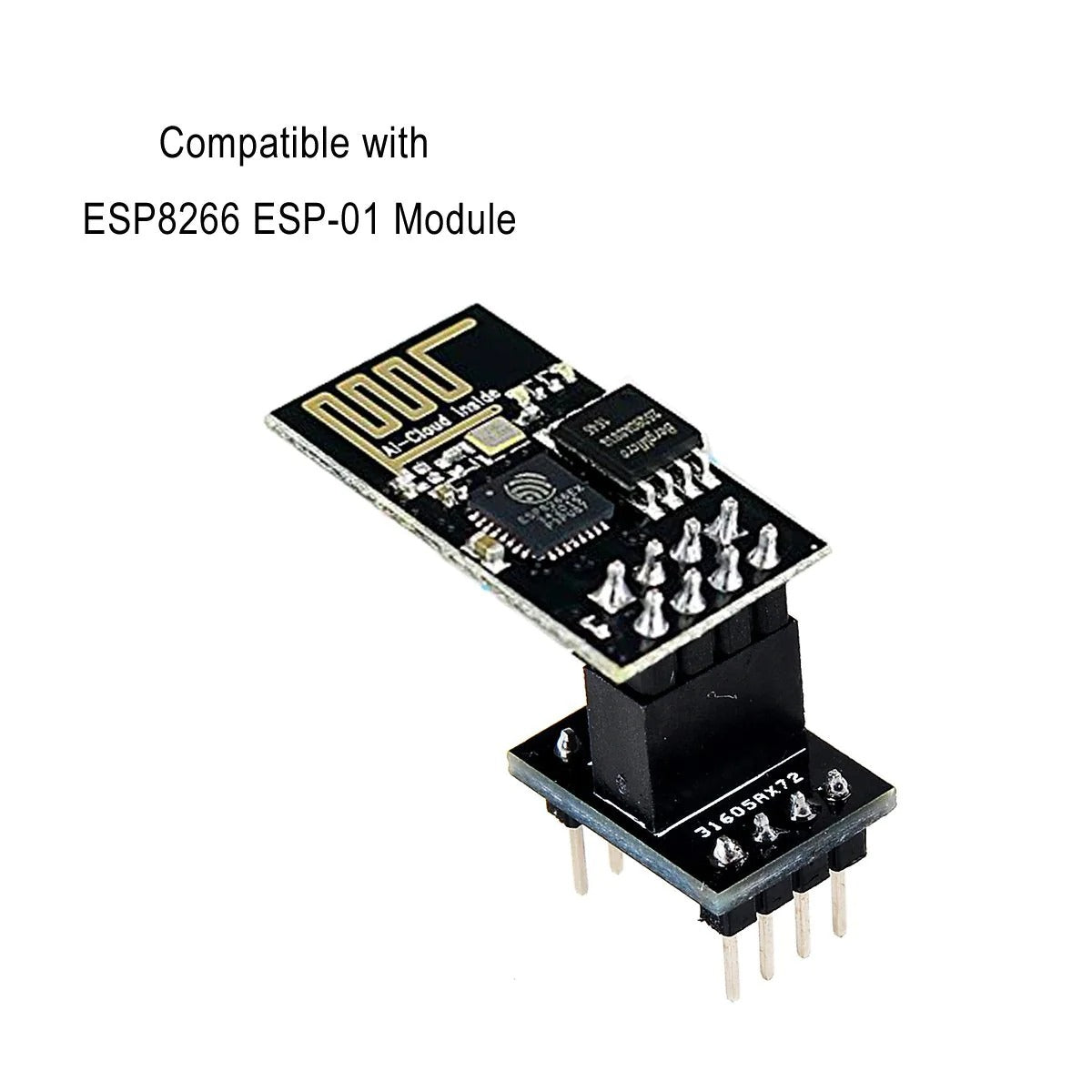 Makerfocus Adapter For NRF24L01+ Transceiver Module And ESP8266 ESP-01 WiFi Module - an ESP-01 WiFi module plugged into a black adapter board with header pins.