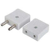 Male Female Pin Socket (AC Voltage) - two white plastic electrical connectors, one with two metal prongs and one with two circular input ports.