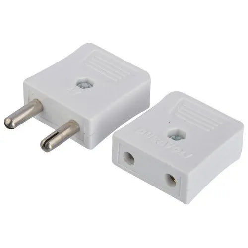 Male Female Pin Socket (AC Voltage) - two white plastic electrical connectors, one with two metal prongs and one with two circular input ports.