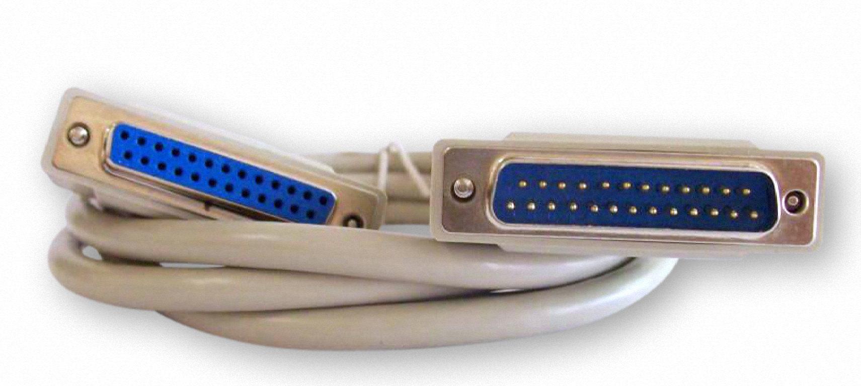 Male To Female DB25 25 Pin Parallel Port Cable Mach3 Cable - a coiled grey cable with one male and one female 25-pin D-sub connector.