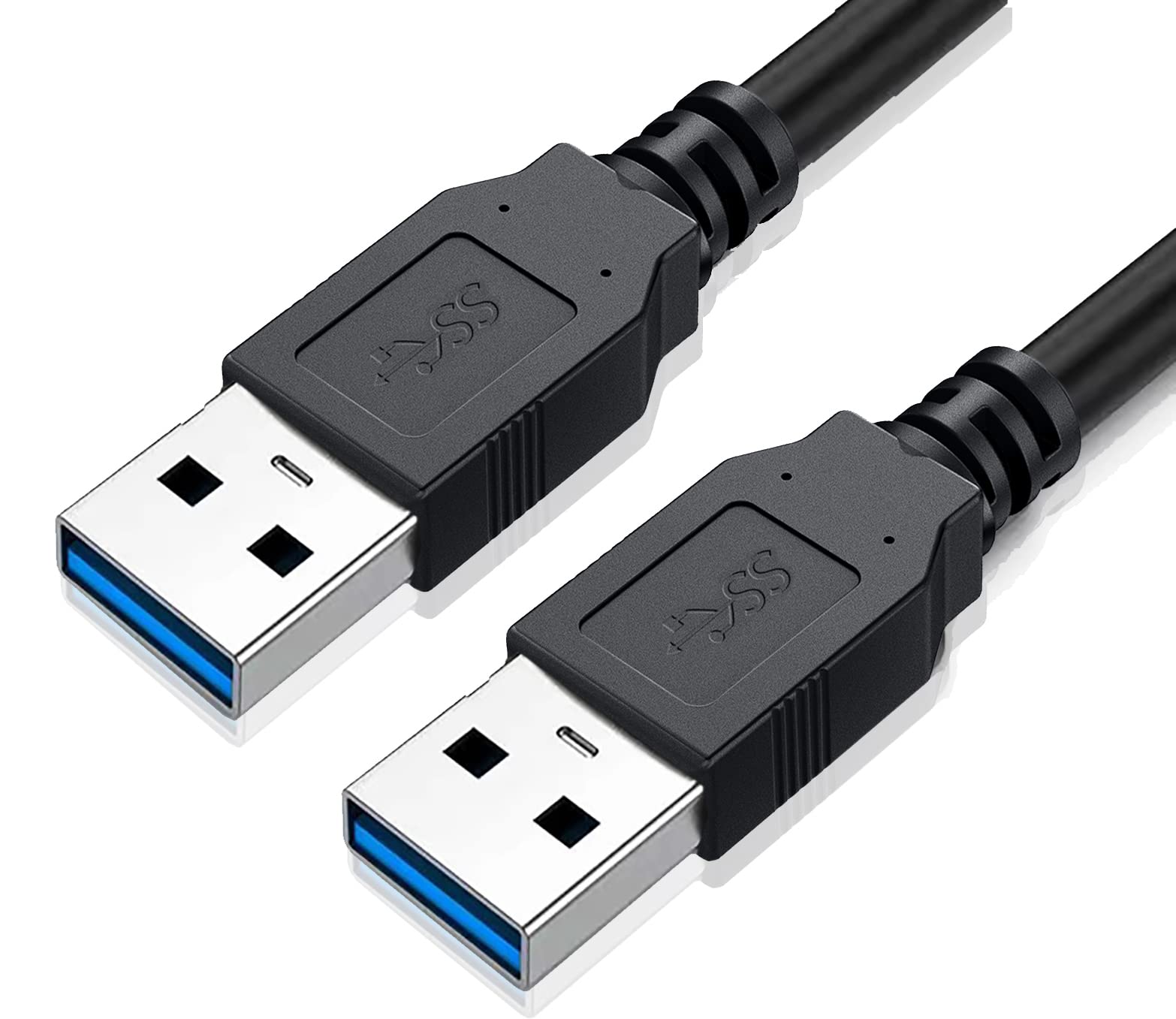 Male To Male USB Cable Extension Cord A To A Male Cable ( 1 Feet ) Mach 3 - two black USB-A male connectors with blue inserts and SS logos.