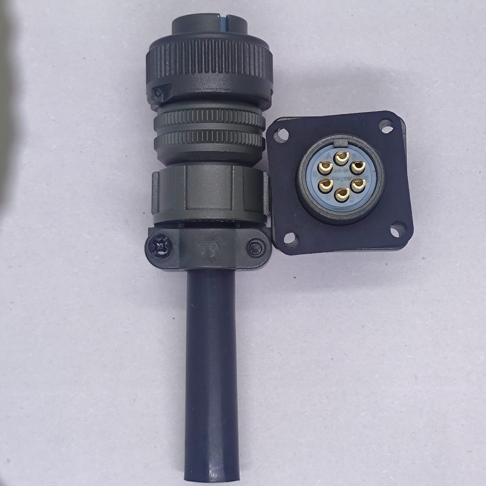 Maojwei IS09001 14S-6p Military Connector - shown as a dark grey cable-mounted plug with a six-pin female socket and a matching four-hole panel-mount base.