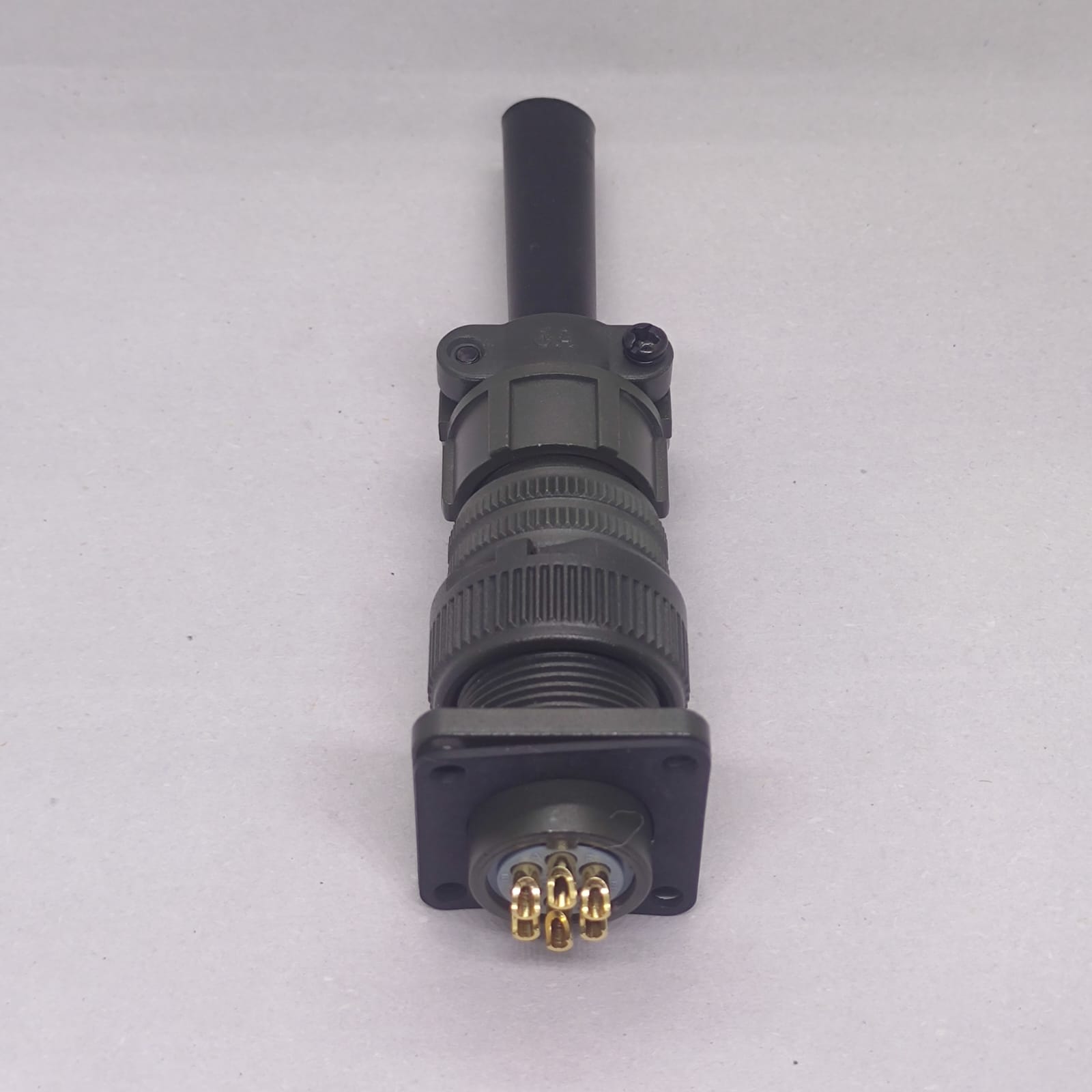 Maojwei IS09001 14S-6p Military Connector - an olive-drab circular metal connector with a square mounting flange and six gold-plated solder cup pins.