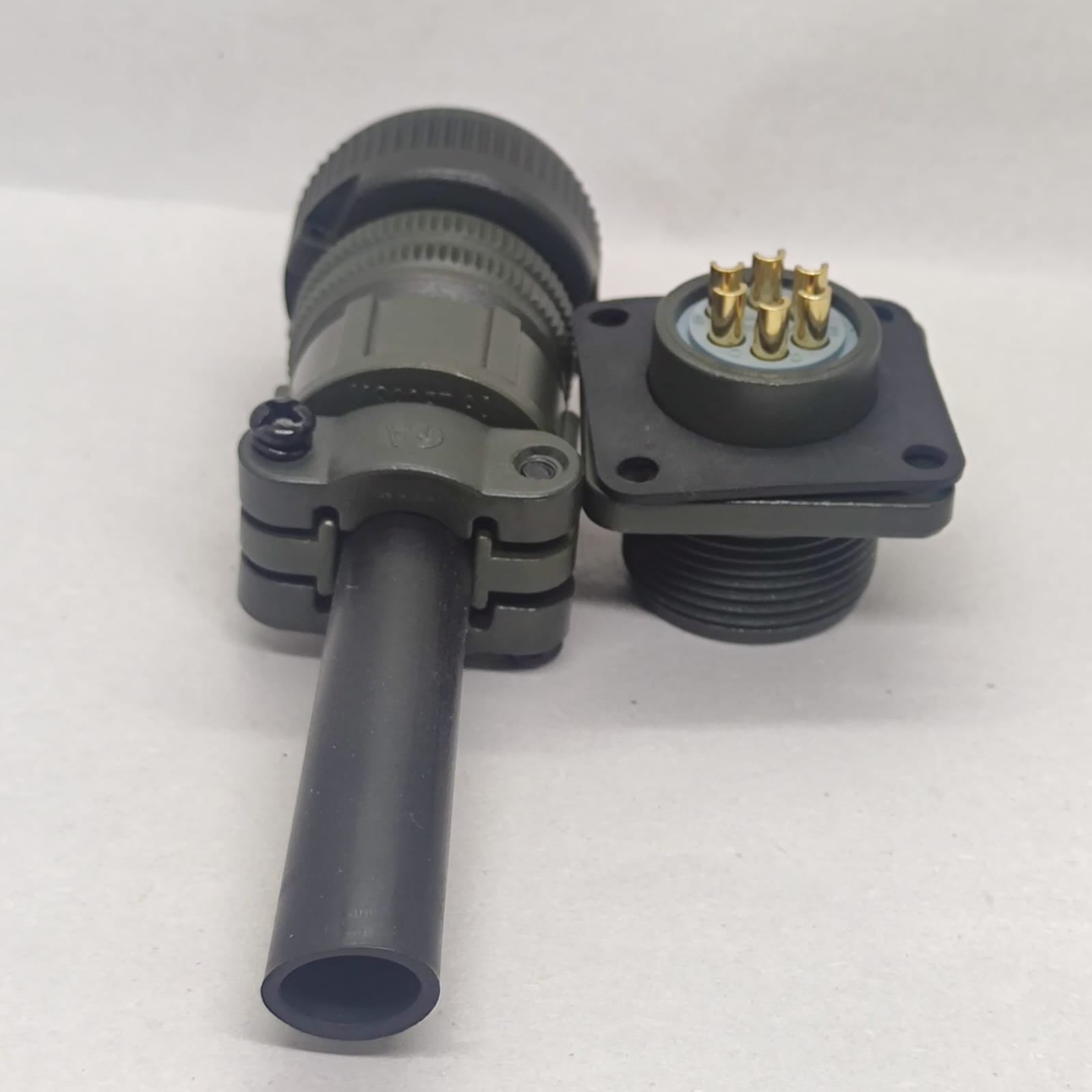Maojwei IS09001 14S-6p Military Connector - shown as a two-piece olive drab metal circular connector set with a cable strain relief and a panel mount base.