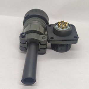 Maojwei IS09001 14S-6p Military Connector - shown as a two-piece olive drab metal circular connector set with a cable strain relief and a panel mount base.