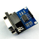 MAX232 RS232 To TTL Converter Module DB9 Serial Port Connector - a blue circuit board featuring a DB9 serial port connector, a central chip, and four pins labeled VCC, RXD, TXD, GND.