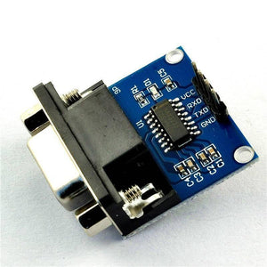 MAX232 RS232 To TTL Converter Module DB9 Serial Port Connector - a blue circuit board featuring a DB9 serial port connector, a central chip, and four pins labeled VCC, RXD, TXD, GND.