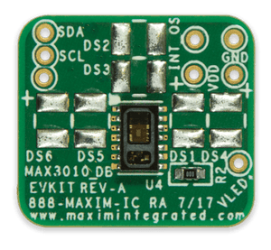 MAX30101/ MAX30102 Accevkit - a green square printed circuit board featuring a central sensor, labeled pins for SDA, SCL, INT, VDD, GND, and VLED.