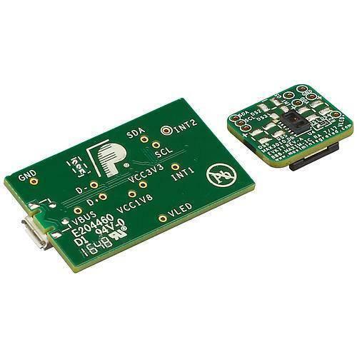 MAX30101/ MAX30102 Accevkit - shown as two green printed circuit boards, one with a micro-USB port and the other with a small black sensor component.