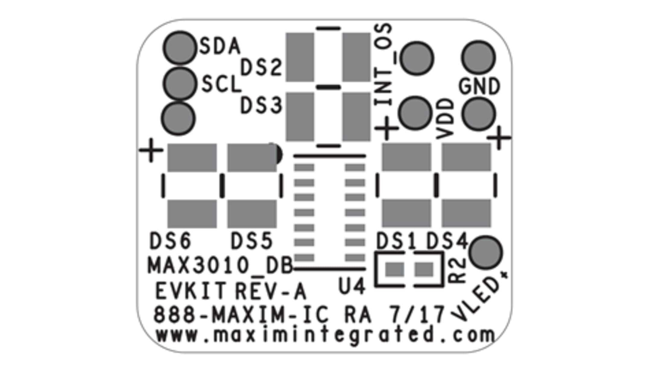 MAX30101/ MAX30102 Accevkit - a white PCB diagram showing component footprints, labels for SDA, SCL, INT, VDD, GND, VLED, and the MAX3010_DB text.