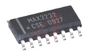 MAX3232 SMD IC - a small black rectangular electronic component with sixteen silver metal pins and white text reading MAX3232 CSE 0927.