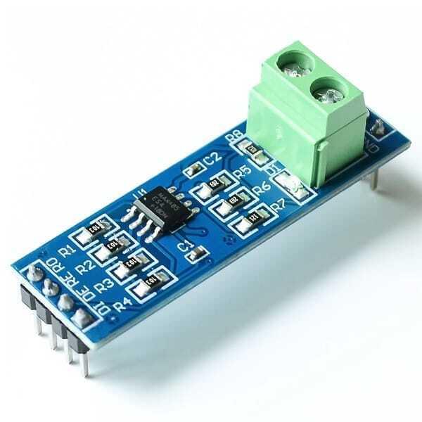 MAX485 RS485 TTL To Rs-485 Converter Module - a blue PCB, an 8-pin IC, a green 2-pin screw terminal, and a 4-pin header connector.