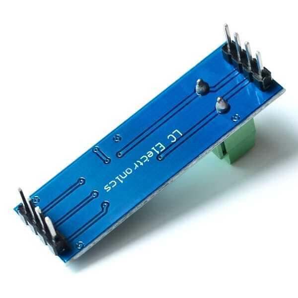 MAX485 RS485 TTL To Rs-485 Converter Module - a blue rectangular circuit board with a green terminal block and two rows of silver header pins.