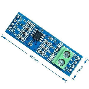 MAX485 RS485 TTL To Rs-485 Converter Module - a blue rectangular circuit board with a green screw terminal, pin headers, and dimension markings.