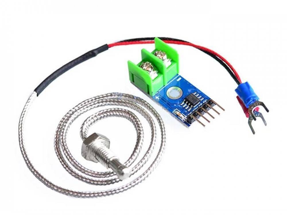 MAX6675 Module + k Type Thermocouple Sensor - a blue circuit board with a green screw terminal, a silver metal probe, and a braided wire cable.