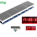 MAX7219 32×8 Dot Matrix Display Module - a blue circuit board with four LED matrices, pins on the left, and two insets displaying time in red.