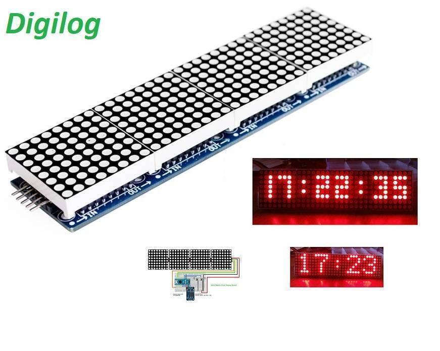 MAX7219 32×8 Dot Matrix Display Module - a blue circuit board with four LED matrices, pins on the left, and two insets displaying time in red.