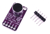 MAX9814 Microphone Amplifier Module - a purple circuit board with a microphone and five pin headers, shown next to a separate five-pin connector strip.