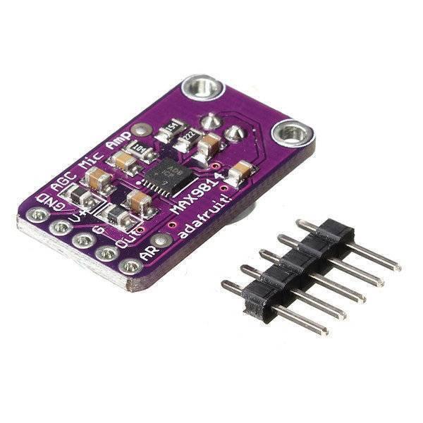 MAX9814 Microphone Amplifier Module - a purple circuit board with labeled pin holes and a separate black header pin strip on a white background.