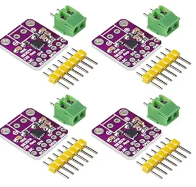 MAX98357 I2s Pcm Digital Audio Amplifier Board - 3W Class D DAC Decoder - four purple circuit boards, four green terminal blocks, and four yellow pin headers.