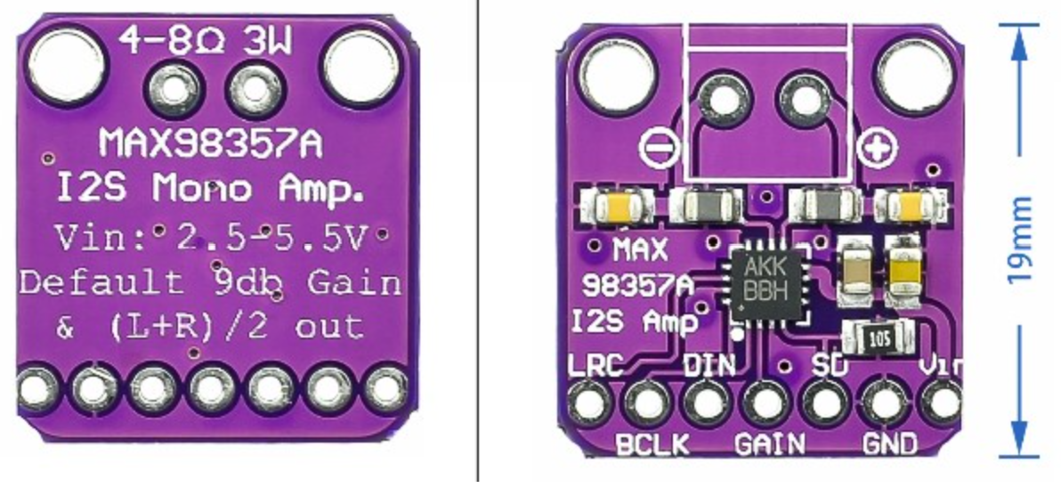 MAX98357 I2s Pcm Digital Audio Amplifier Board - 3W Class D DAC Decoder - Mono Amp board front and back views, showing purple PCB with labels, speaker terminals, and pin headers for LRC, BCLK, DIN, GAIN, SD, and GND.