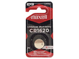 Maxell CR1620 3V Lithium Coin Battery - its original red and black retail blister packaging, showing the battery inside and safety warnings.