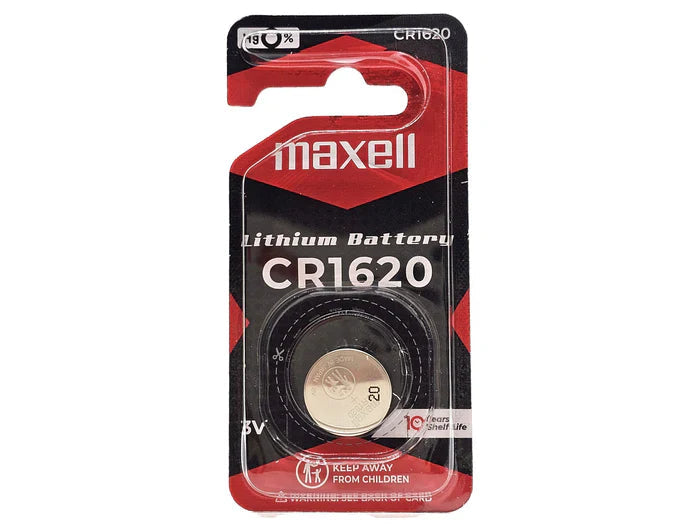 Maxell CR1620 3V Lithium Coin Battery - its original red and black retail blister packaging, showing the battery inside and safety warnings.
