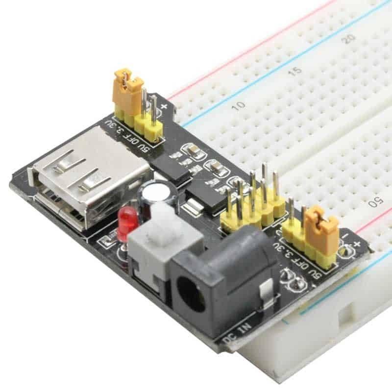 MB102 Breadboard Power Supply Module 3.3V/5V For Arduino Solderless Bread Board - a DC jack, USB port, power button, LED, and voltage jumpers.