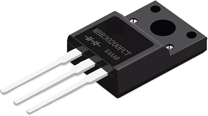 MBR30200FCT Dual Schottky Rectifier 200V 30A TO-220AB Diode Array Schottky - a black electronic component with three metal pins and a mounting hole, labeled with the model number.
