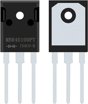 MBR40100PT High Power Rectifier Tube - shown from the front and back, featuring a black rectangular body with three metal pins and a silver heat sink.