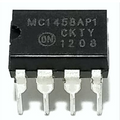 MC1458P 2 Channel 1 MHz Dual Operational Amplifier Breadboard Friendly DIP 8 15 - a black 8-pin DIP integrated circuit chip with silver metal pins, shown in a close-up view.
