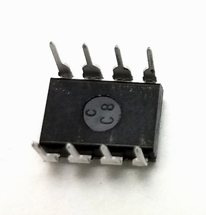 MC1458P 2 Channel 1 MHz Dual Operational Amplifier Breadboard Friendly DIP 8 15 - a black, 8-pin DIP integrated circuit chip with "C C8" printed on its top surface, shown in a close-up view.