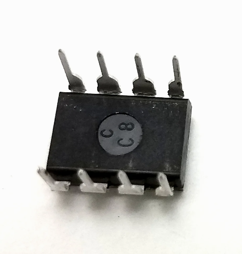 MC1458P 2 Channel 1 MHz Dual Operational Amplifier Breadboard Friendly DIP 8 15 - a black, 8-pin DIP integrated circuit chip with "C C8" printed on its top surface, shown in a close-up view.