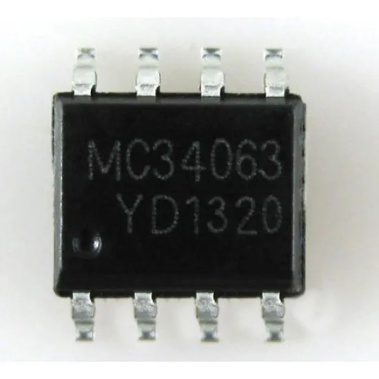 MC34063A SOP8 MC34063 SOP MC34063ADR MC34063ADR2G SMD New - a black, rectangular surface-mount integrated circuit chip with eight metal pins, showing the text "MC34063" and "YD1320" on its face.