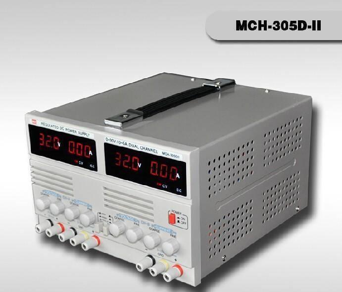 MCH-305D-II Adjustable DC Power Supply Adjustable Dual Power Supply - channel DC power supply in a grey metal case with two digital displays reading 32.0V and 0.00A, front knobs, and output terminals.
