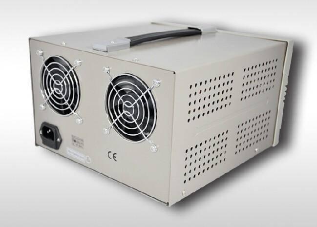 MCH-305D-II Adjustable DC Power Supply Adjustable Dual Power Supply - shown from the rear, featuring a beige metal casing, two cooling fans with wire guards, and a power input port.
