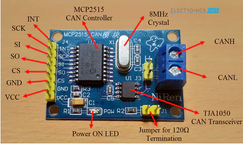 MCP2515 Can-bus Controller And Transceiver Module - a blue rectangular circuit board featuring a CAN controller, transceiver, 8MHz crystal, screw terminals, and pin headers.