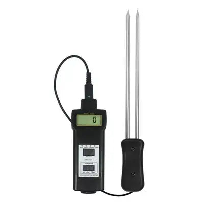 MD7821 Grain Moisture Meter - black handheld meter connected to a two-pin grain probe
