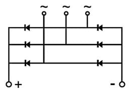 MDS150-16 Three Phase Diode Bridge Rectifier 150A 1600V | Digilog.pk - a black and white circuit diagram showing the schematic symbol for a three-phase bridge rectifier.