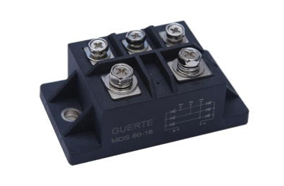 MDS50A Three-phase Bridge Rectifier | 50A High-power Rectifier | Digilog.pk - a black rectangular electronic component with five metal screw terminals and a printed circuit diagram on the side.