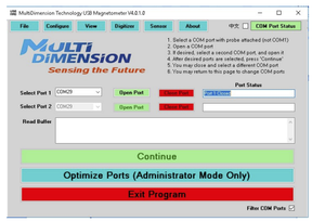 Mdt Ys-writer Pro Software - a MultiDimension Technology USB Magnetometer window with COM port selection menus and status indicators.