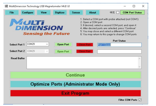 Mdt Ys-writer Pro Software - a MultiDimension Technology USB Magnetometer window with COM port selection menus and status indicators.