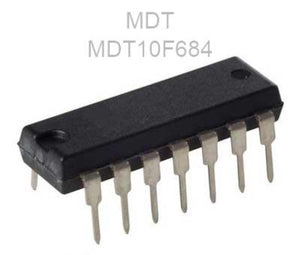 MDT10F684 8-bit Microcontroller – DIP-14, 2k Flash, 128B EEPROM, 64B RAM, 20MHz, ADC, PWM, Low-power MCU - a black 14-pin dual in-line package integrated circuit shown from an elevated angle against a white background.