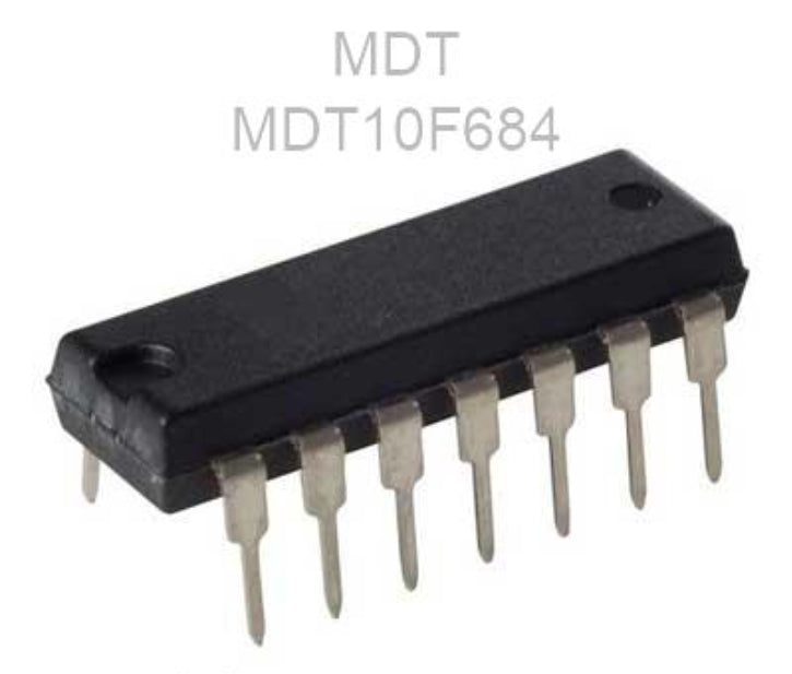 MDT10F684 8-bit Microcontroller – DIP-14, 2k Flash, 128B EEPROM, 64B RAM, 20MHz, ADC, PWM, Low-power MCU - a black 14-pin dual in-line package integrated circuit shown from an elevated angle against a white background.