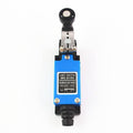 Me-8104 Rotary Plastic Roller Arm Enclosed Limit Switch - a blue and black rectangular device with a roller arm and a label showing model and specs.