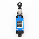 Me-8104 Rotary Plastic Roller Arm Enclosed Limit Switch - a blue and black rectangular device with a roller arm and a label showing model and specs.